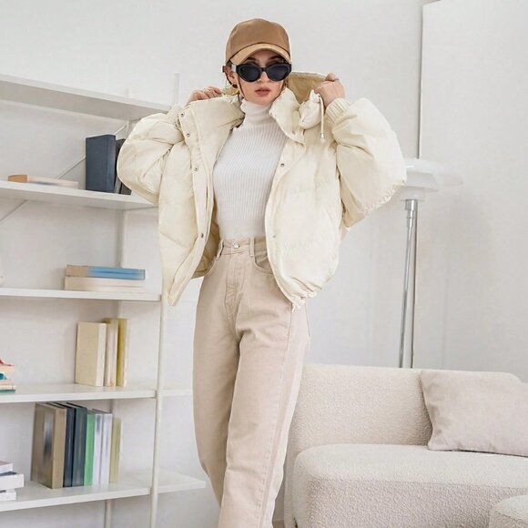 Beige Casual Womens Drawstring Hooded Puffer Coat - Picture 3 of 5